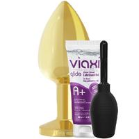 Erox Anal Play Starter Gold Kit Medium Metal Anal Plug ve Temizlik Seti