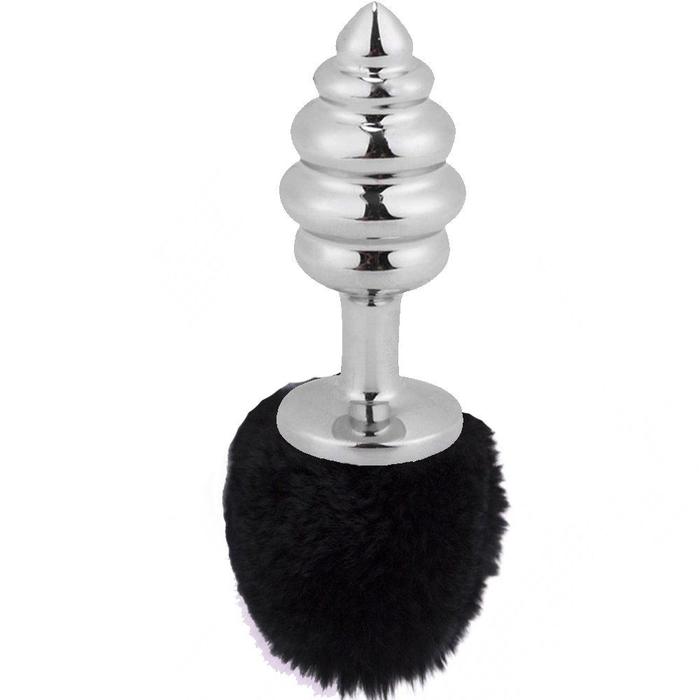 Erox Bunny Tail Black Ribbed Kuyruk Peluşlu Metal Anal Plug