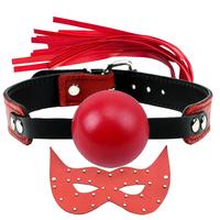 Sexual World Gag Ball Deri Ağız Topu ve Kırbaç Fetiş Set-Red