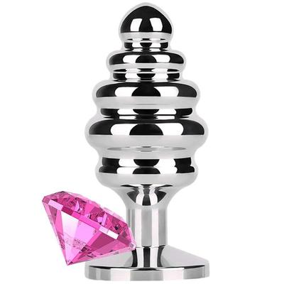 Sexual World Anal Play Large Silver Ribbed Taşlı Metal Anal Plug-Pembe