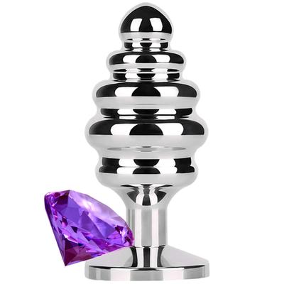 Sexual World Anal Play Large Silver Ribbed Taşlı Metal Anal Plug-Mor