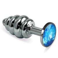 Sexual World Anal Play Medium Silver Ribbed Taşlı Metal Anal Plug-Mavi