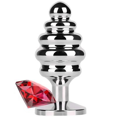 Sexual World Anal Play Small Silver Ribbed Taşlı Metal Anal Plug-Kırmızı