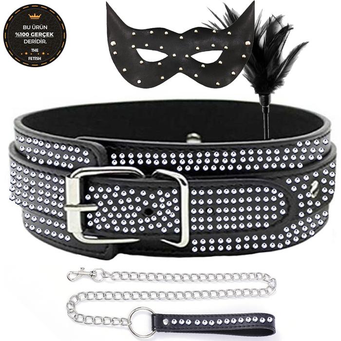 The Fetish Organic Leather Diamond Collar Black Taşlı Fetiş Tasma Fetiş Seti