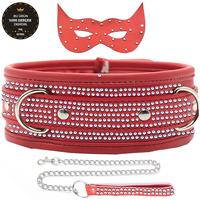 The Fetish Organic Leather Diamond Collar Taşlı Fetiş Tasma ve Maske-Red