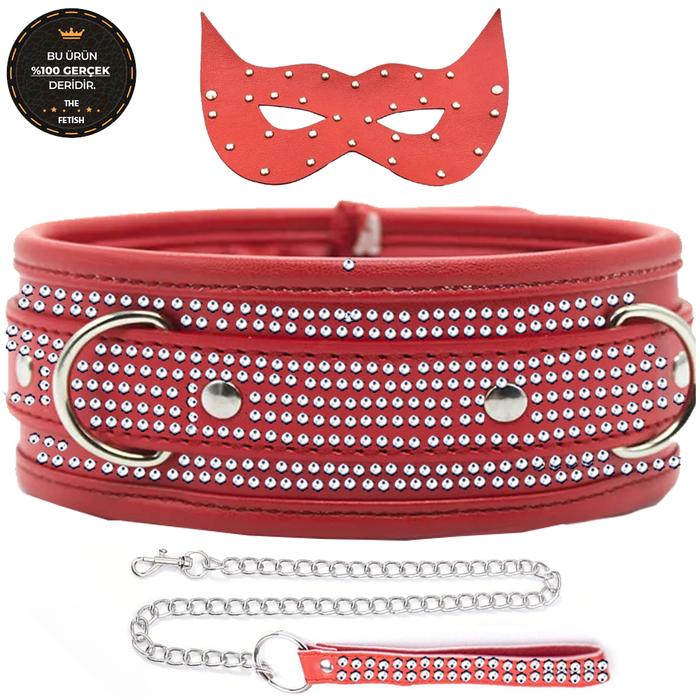 The Fetish Organic Leather Diamond Collar Taşlı Fetiş Tasma ve Maske-Red