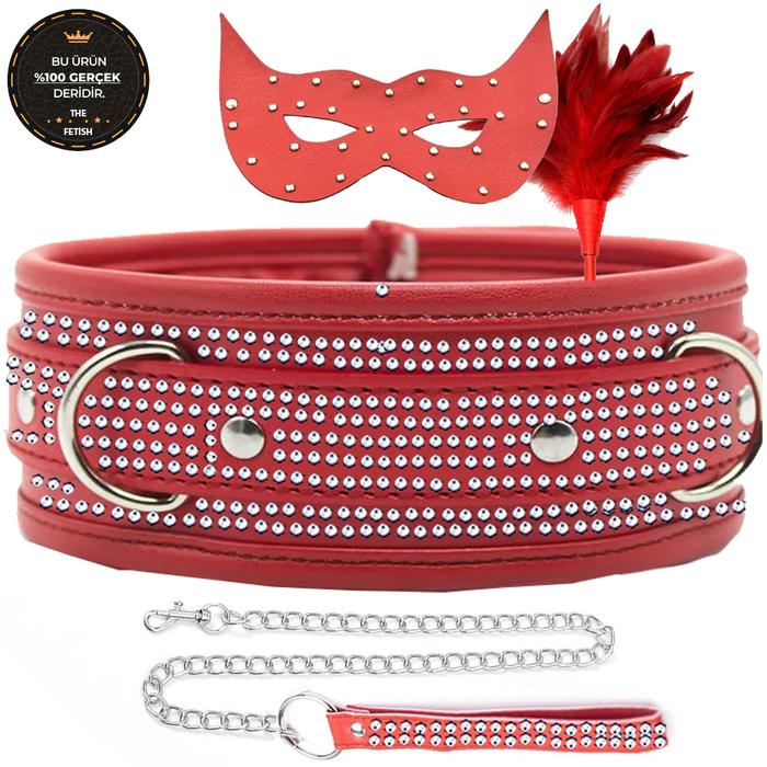 The Fetish Organic Leather Diamond Collar Red Taşlı Fetiş Tasma Fetiş Seti