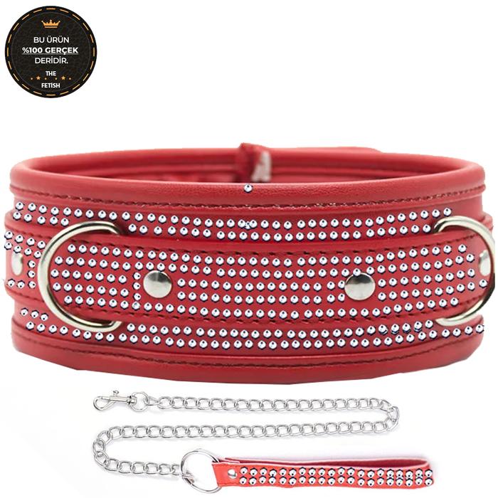 The Fetish Organic Leather Diamond Collar Red Taşlı Fetiş Tasma