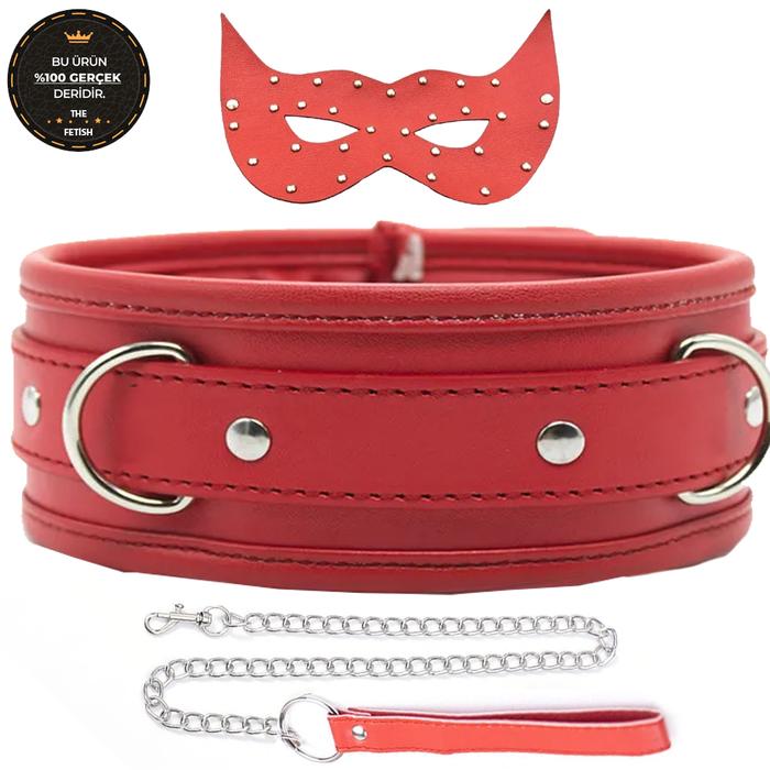 The Fetish Organic Leather Luxury Neck Collar Fetiş Tasma ve Maske-Red