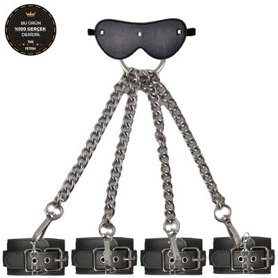 The Fetish Organic Leather Wrist Cuffs Zincirli El-Ayak Bağlama Kelepçe ve Maske-Black