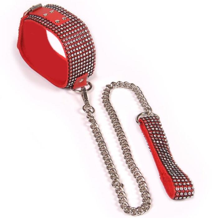 The Fetish Organic Leather Diamond Collar Red Taşlı Fetiş Tasma Fetiş Seti
